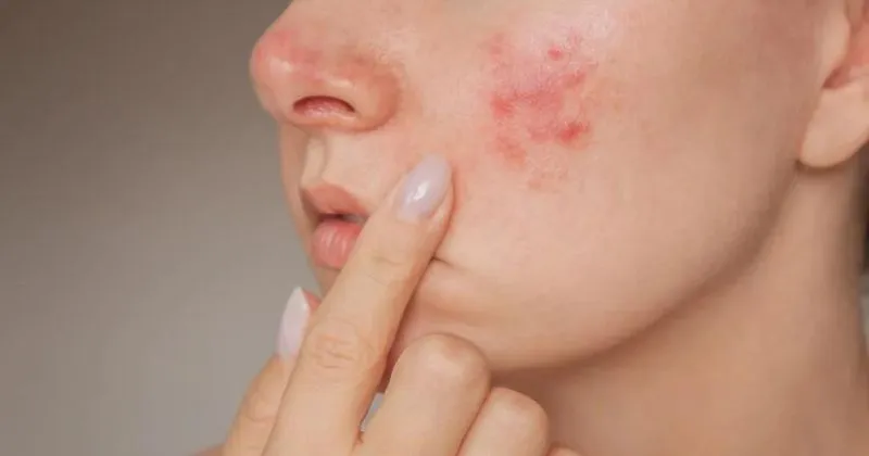 a woman having acne touching her face